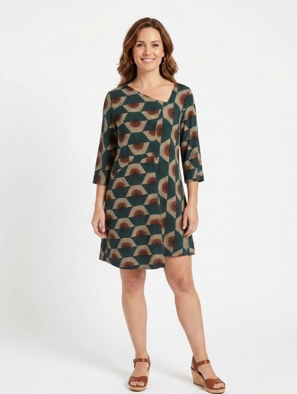 Niche by Nilgun Derman Art Deco Fan Print Green Rust Tunic Dress - Medium
